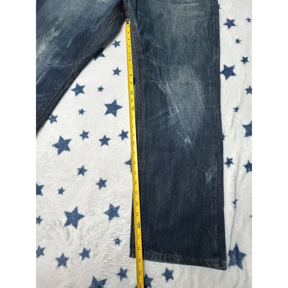 Brooklyn Xpress Mens 36x30 Blue Distressed Straight Leg Denim Jeans Dark Wash